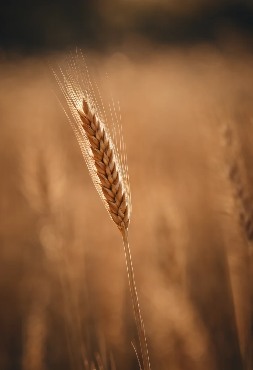 a close-up shot of a single wheat stalk, highlighting the intricate details of the seed head, the texture of the husk, and the warm tones of the grain