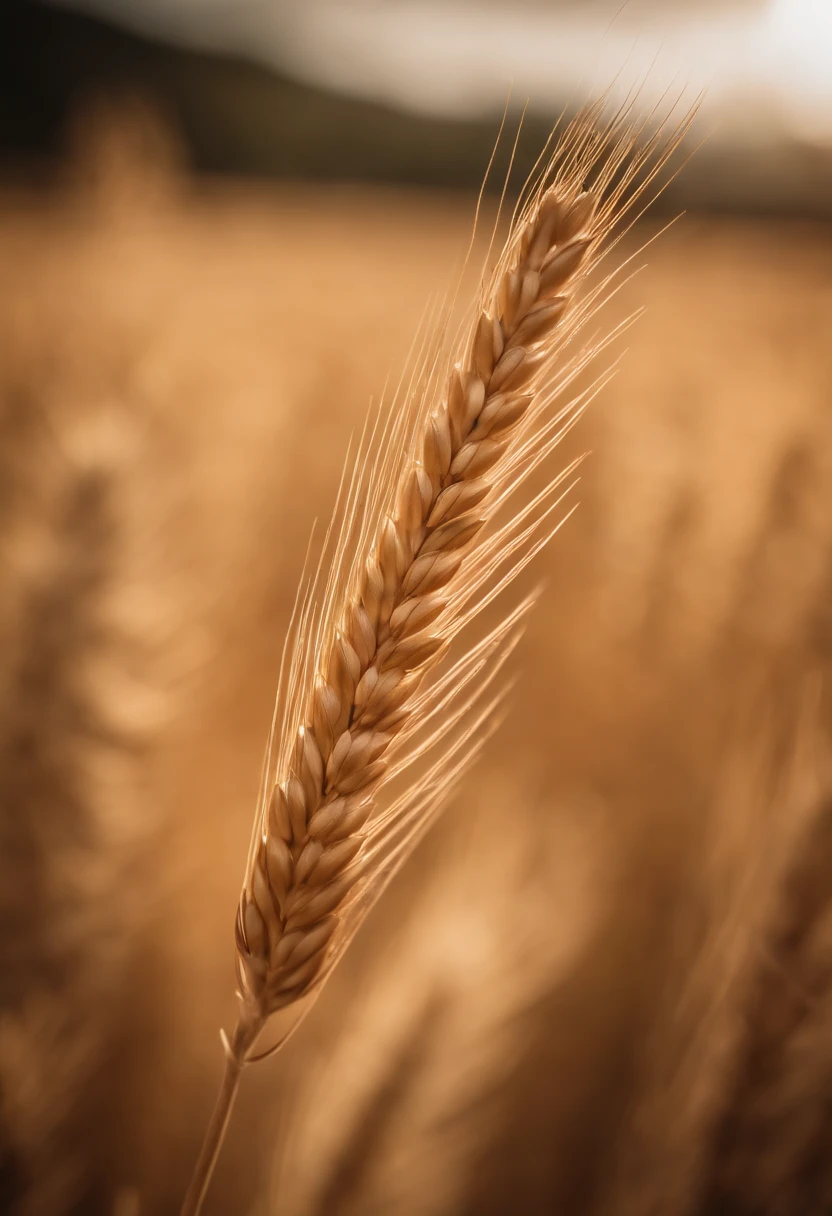 a close-up shot of a single wheat stalk, highlighting the intricate details of the seed head, the texture of the husk, and the warm tones of the grain