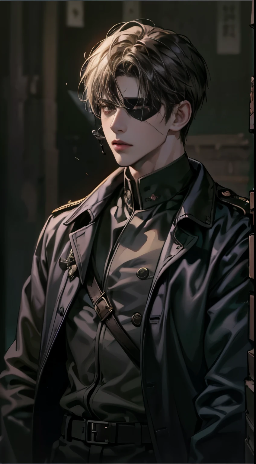 masutepiece, high-level image quality, Raw photo, everything is perfectly described, Perfect limbs, Perfect face and eyes, Perfect limbs, ((Precisely drawn hands)), Double beautiful eyes, depth of fields, Cinematic lighting, ((beautiful young boy)), (With bangs), Beige shorthair, Looking at Viewer, realistic background, very beautiful face, Delicate Hair Depiction, twinks, detaileds, full bodyesbian, Strong pectoral muscles, Night, no person, Tall, ((Black military uniform)), ((Wearing a black eye patch))