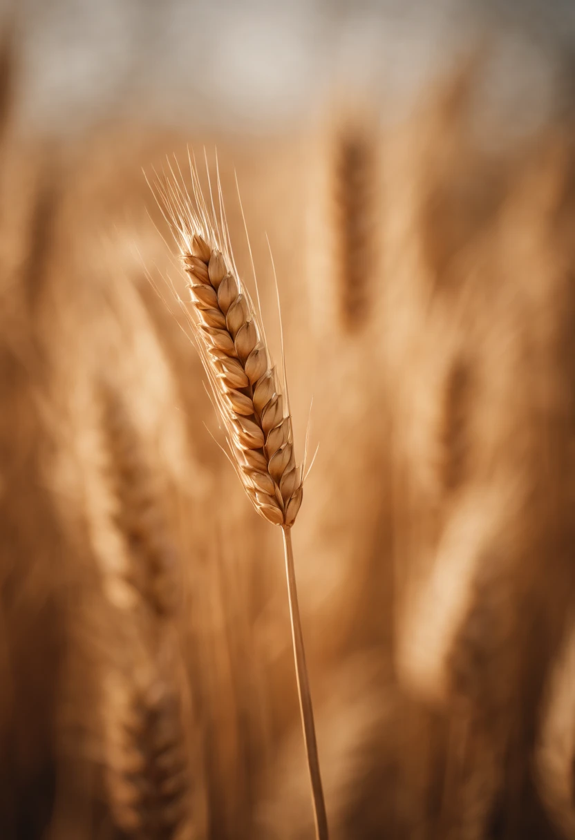 a close-up shot of a single wheat stalk, highlighting the intricate details of the seed head, the texture of the husk, and the warm tones of the grain