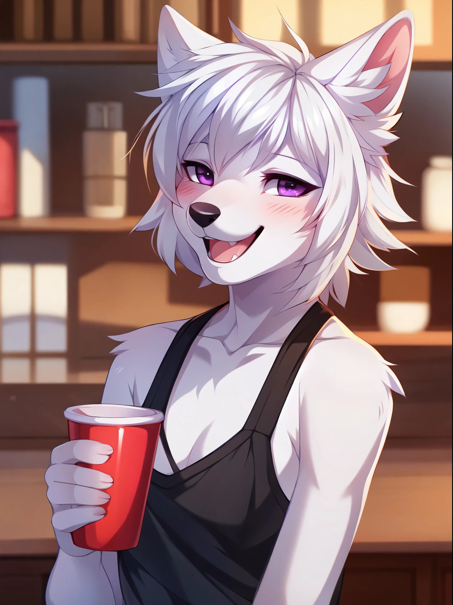 Solo, all white wolf boy, short white hair, bangs covering one eye, feminine, purple eyes, white wolf ears, cute snout, black nose, wearing black tank top, laughing, smiling, squinting, blushing, holding a red solo cup with both hands, standing, upper body shot, cell shading, by fumiko, by hioshiru, by hyattlen