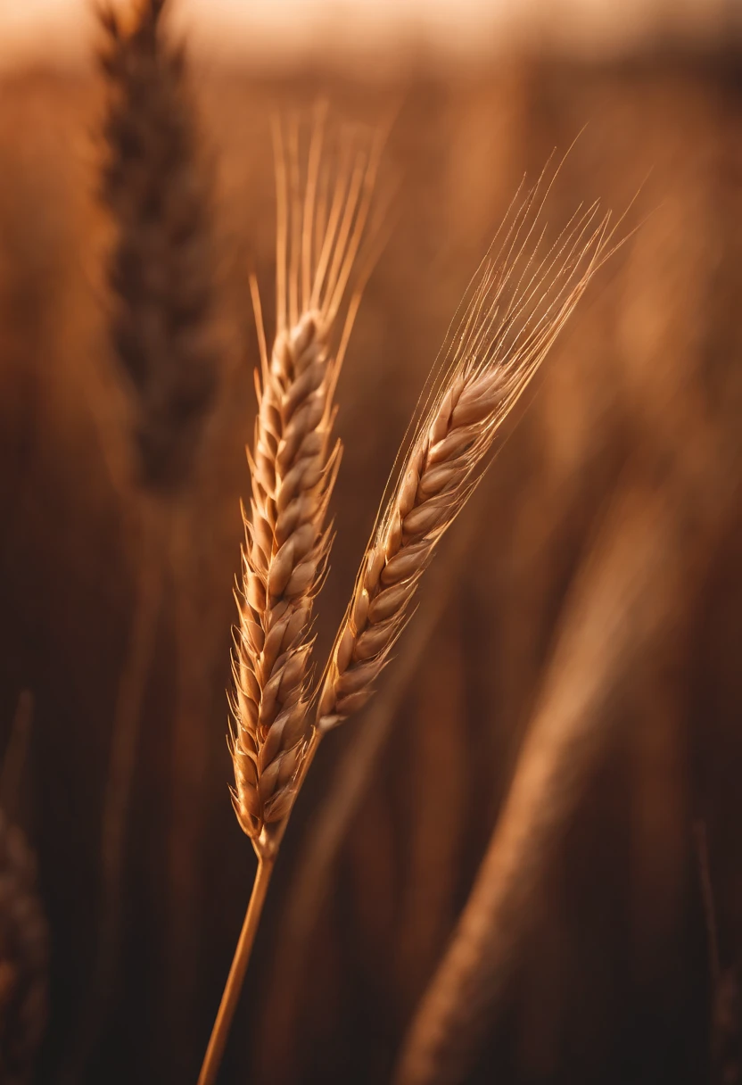 a close-up shot of a single wheat stalk, highlighting the intricate details of the seed head, the texture of the husk, and the warm tones of the grain