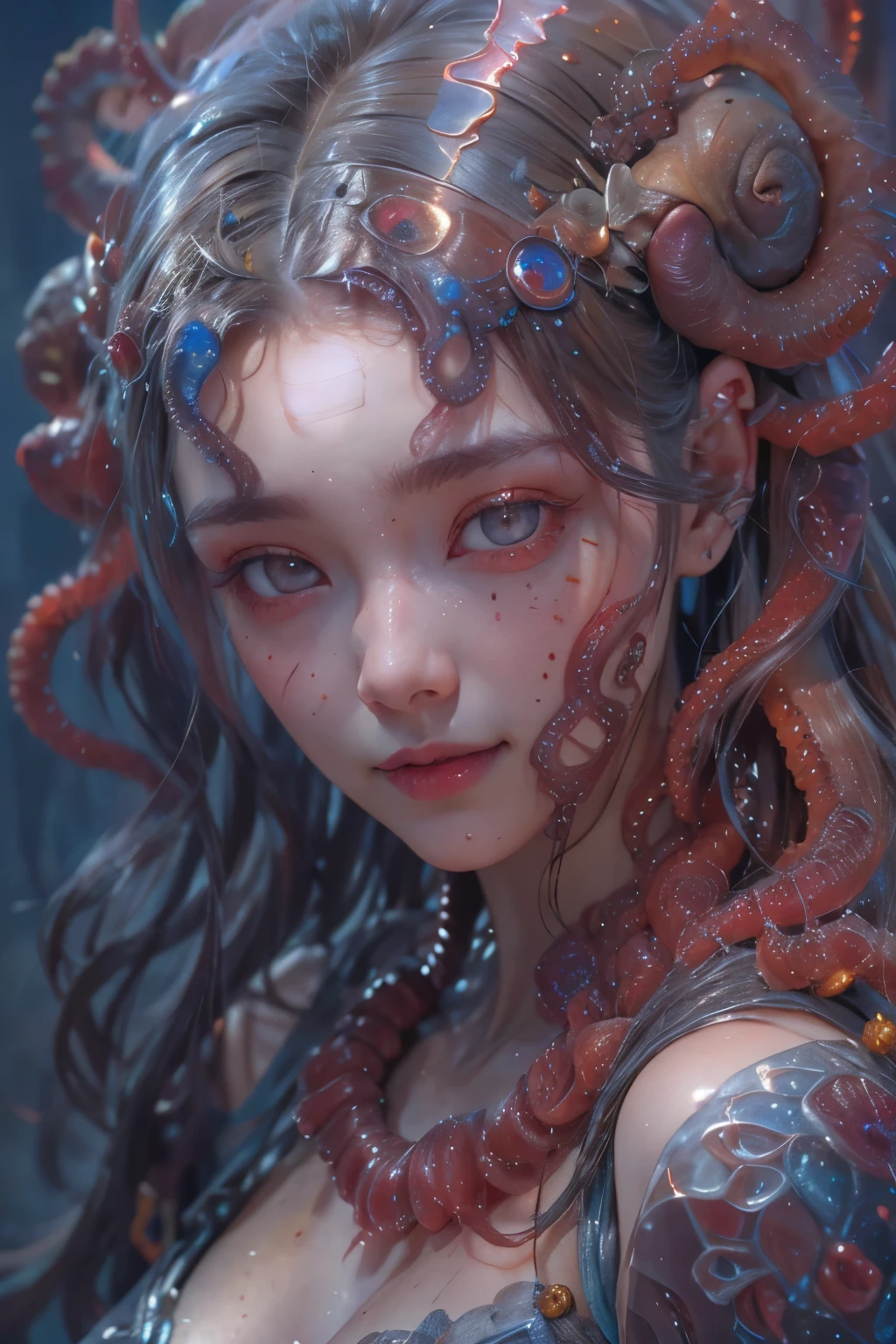 Portrait, (beautiful female alien:1.2),  (she has red eyes with no pupils:1.8), (Translucent skin:1.7),  (There is a female genital-like organ in the middle of the forehead:1.9), (The most beautiful face in the history of the universe:1.2),an evil gaze that seduces, (large mouth:1.1), (sharp teeth like a vampire:1.2), Full body like, (bio luminescent:1.5), (Smile wickedly:1.3),  (sexypose:1.5), alien, No humans, cells are fused, (Lots of translucent tentacles:1.3) extraterrestrial, cell, bio image, Best Quality, 8K,4K_quality, High Definition, Dramatic Lighting, masutepiece:1.5,cinematic quality, detail up, (Intricate details:1.2), High resolution, High Definition, drawing faithfully, (Thick eyebrows:1.2), Beautiful eyes with fine symmetry,(Highly detailed face and eyes:1.2), Intimate face, (Super detailed skin quality feeling:1.4), Perfect Anatomy,  (Beautiful toned body:1.5),  (Moist skin:1.2), No makeup, (dark circles:1.1), long canines, cinematic drawing of characters, ultra high quality model, cinematic quality, detail up, (Intricate details:1.2), High resolution, High Definition, drawing faithfully, Official art, Unity 8K wall  , 8K Portrait, Best Quality, Very High resolution, ultra detailed artistic photography, midnight aura,  unreal enginee 5, Ultra Sharp Focus, art by alberto seveso, ArtGerm, Roisch, intricate artwork, best quality, masutepiece, ultra High resolution, (photos realistic:1.4), Ultra-realistic realism, dream-like,  nautilus, Creation of fantasy, Snail, Dream Snail,  biopunk nautilus, Thrilling color schemes， Ultra-realistic realism， seductively smiling, Blue tentacles,