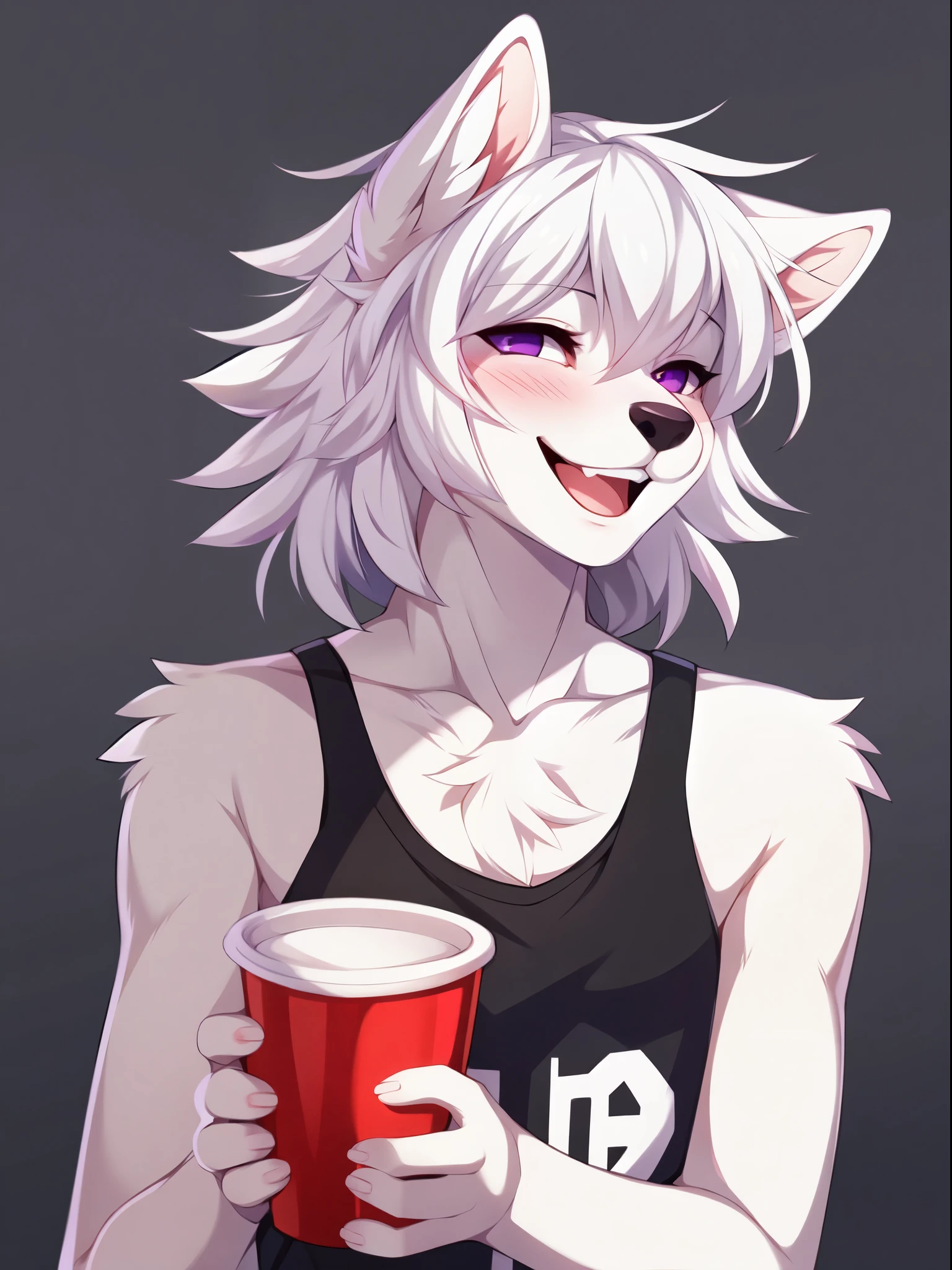 Solo, all white wolf boy, short white hair, bangs covering one eye, feminine, purple eyes, white wolf ears, cute snout, black nose, wearing black tank top, laughing, smiling, squinting, blushing, holding a red solo cup with both hands, standing, upper body shot, cell shading, by fumiko, by hioshiru, by hyattlen