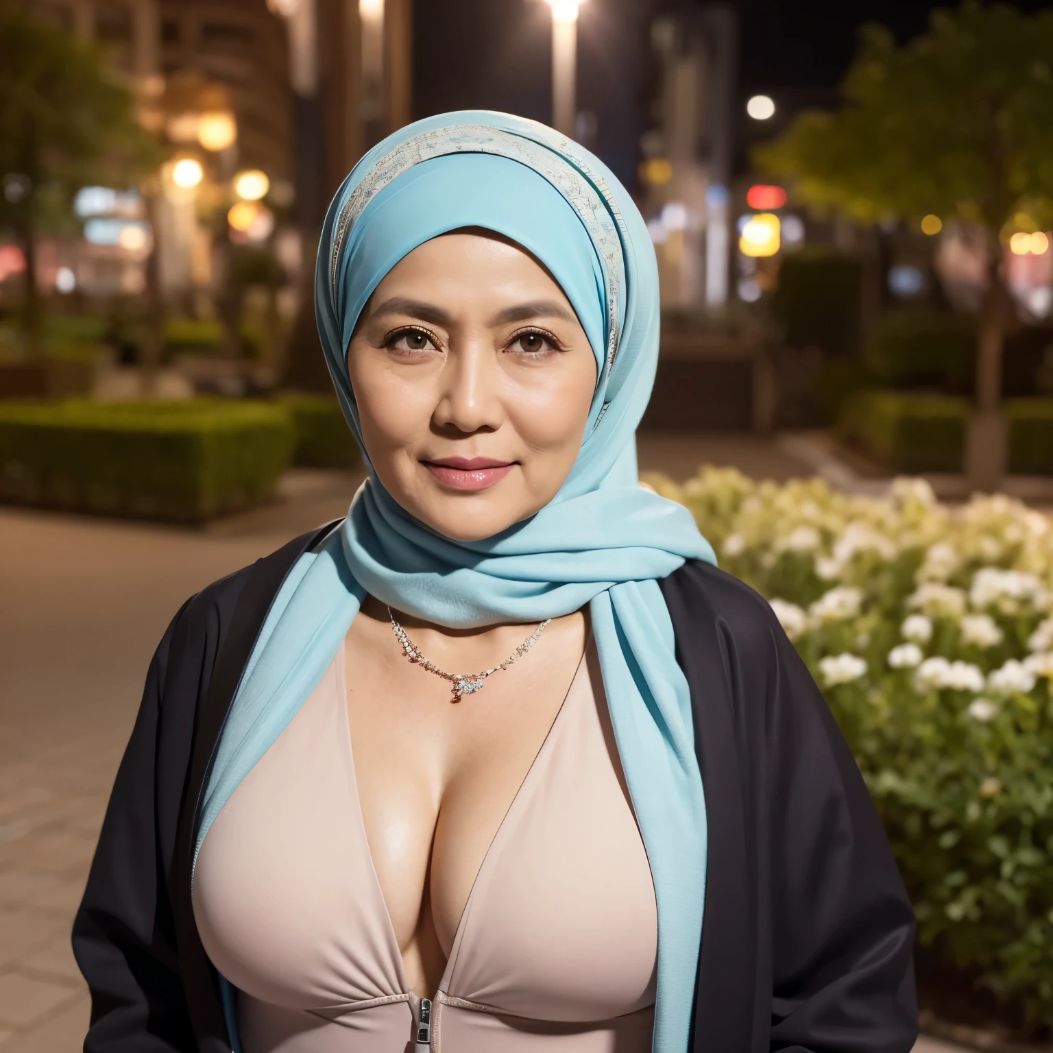 58 Years old, Indonesian mature woman, wearing Wide Hijab, perfect , natural Gigantic breast : 66.9, gorgeous eyes, Soft smile, wear a unzipped Jacket, No Wearing Bra, necklace, hairband, Breast about to burst Out, Nightime walk, City garden, Excellent lighting, Light colors, Clean lines