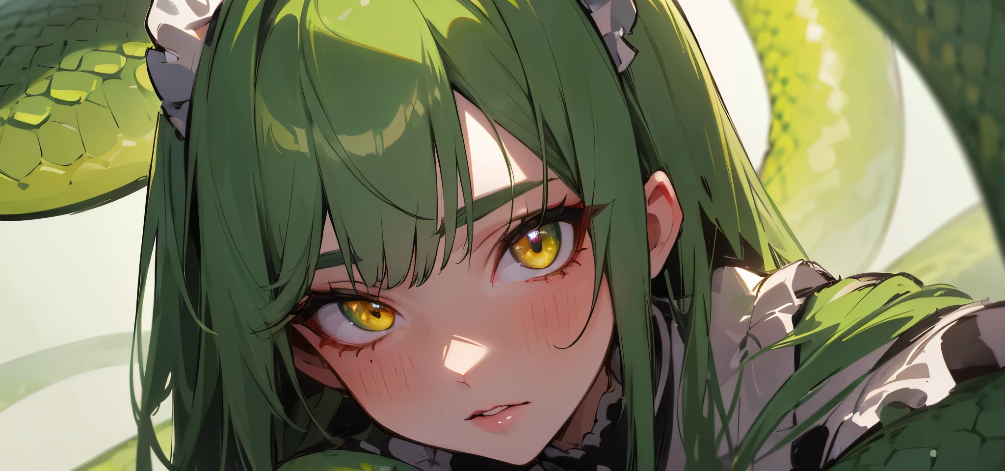 (best quality,8k,highres,masterpiece:1.2),ultra-detailed,physically-based rendering,professional,vivid colors,sharp focus,long green snake hair,yellow eyes,wearing maid outfit,beautiful detailed eyes,beautiful detailed lips,extremely detailed eyes and face,longeyelashes,1girl,looking at viewer