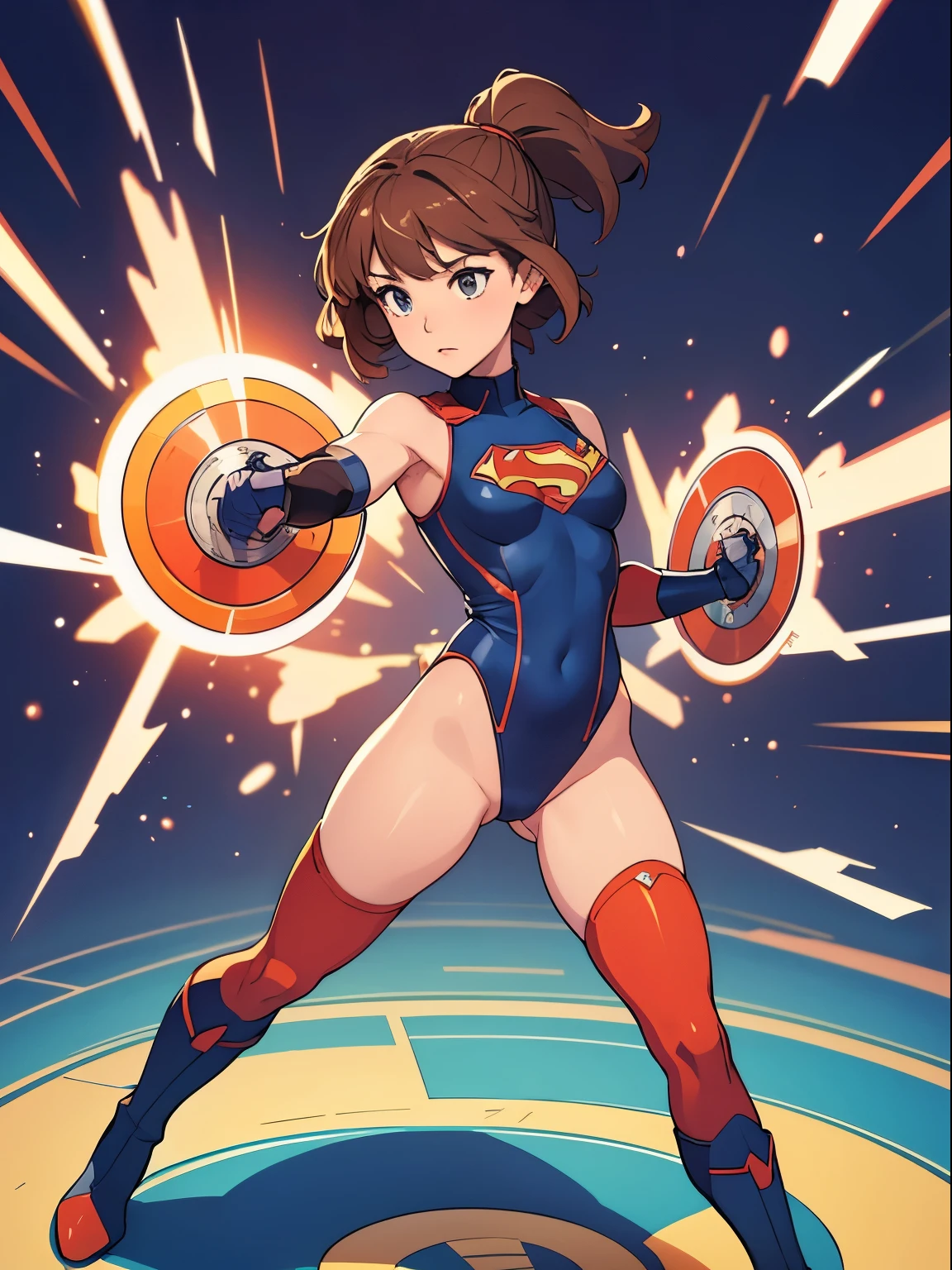 masterpiece, best quality, 1girl, solo, single, superhero, leotard, bare legs, boots, standing straight, time warp, spinning