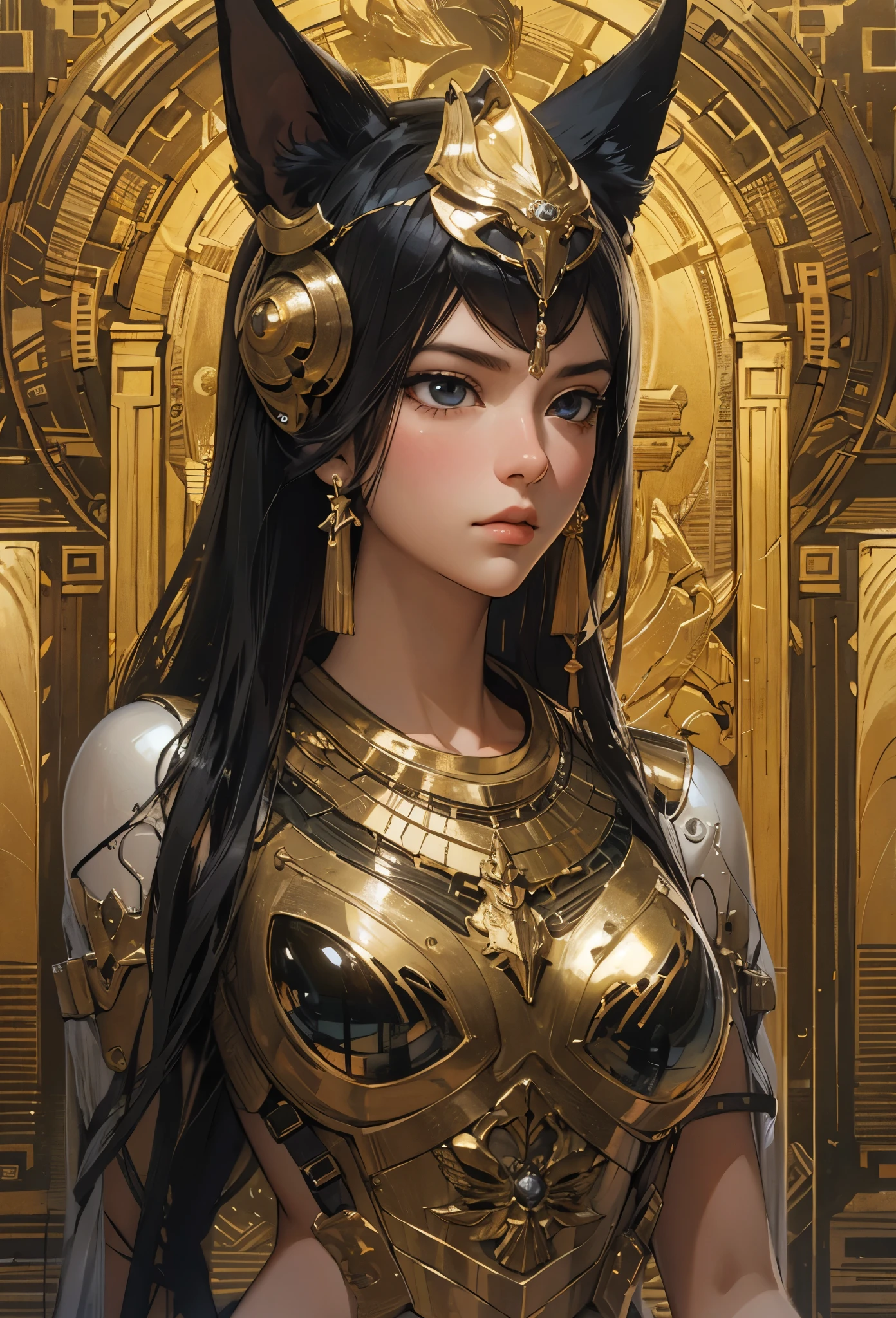 (Detailed illustrations,Very detailed and detailed drawing,Delicate lines with slow and rapid,Realistic texture expression),[Color tressed main line],[ruins background [Ancient Egypt]],HENTAI (ANIME Girl (Beautiful fece) sixteen years old) cyborgs [(skin tanned) [Lustrous black hair]],((Bastet) Beautifully decorated golden cyber armor) ([Complex decorative processing] [elegent],Gorgeous golden luster (Polished reflective luster)) [Gorgeous and luxurious],gravure,[Oparts Lost Technology [Hierograph]],(複雑でBeautiful fece装飾 [Dense detail]),(きめ細やかでBeautiful fece肌表現 [Transparency]),[完璧な目のdetaileds (Iris beautifully drawn in every detail)[Jewel-like eyes]],[長くてBeautiful fece睫毛],[Meticulously drawn hair [美しく艷やかな髪のdetaileds]],(完璧な手のdetaileds [破綻のないBeautiful fece指 [Beautiful nails]]),(Perfect Anatomy(Perfectly proportioned))[[Full body like]],[[Design built to the highest level]][Ideal color coordination(Accurate simulation of light-material interactions)],([Precision Detail](detaileds,high-detail)),[Visual art that conveys a sense of narrative].