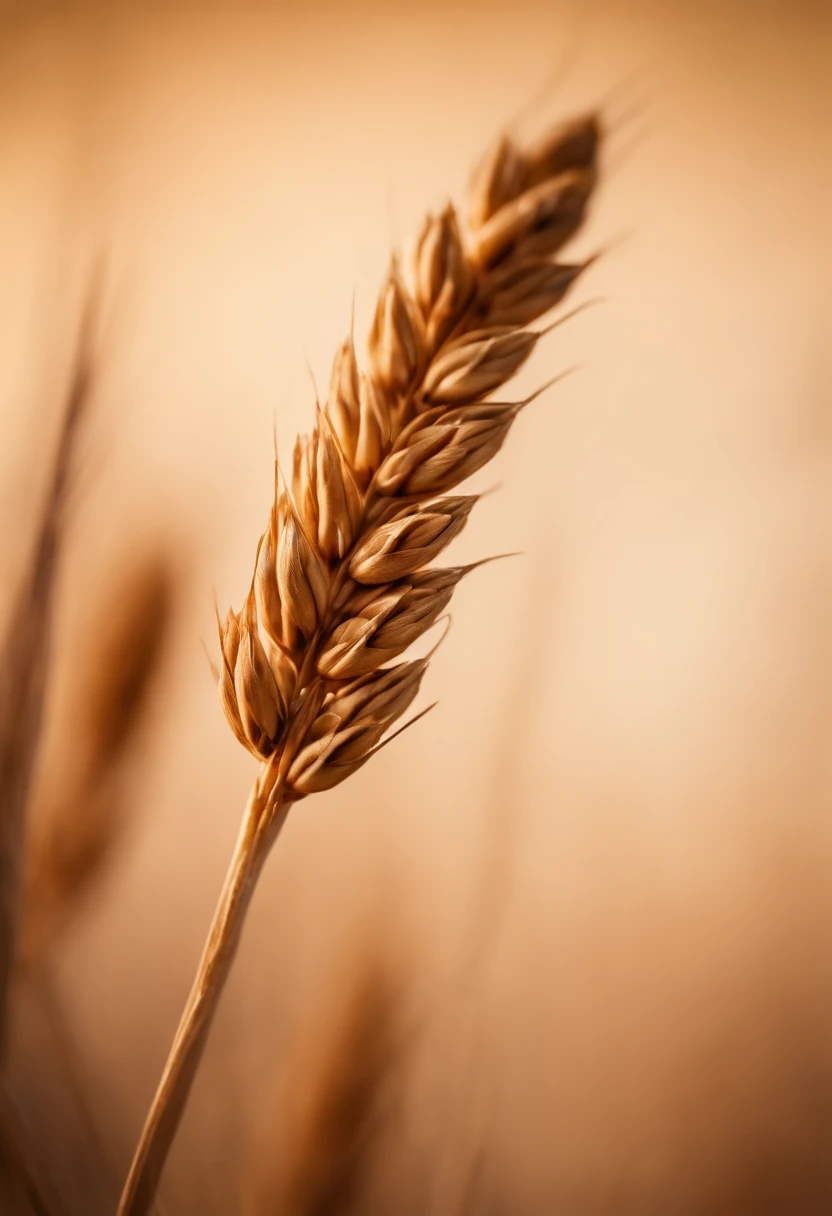 a close-up shot of a single wheat stalk, highlighting the intricate details of the seed head, the texture of the husk, and the warm tones of the grain