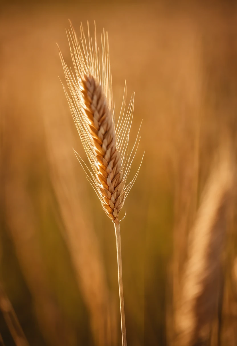 a close-up shot of a single wheat stalk, highlighting the intricate details of the seed head, the texture of the husk, and the warm tones of the grain