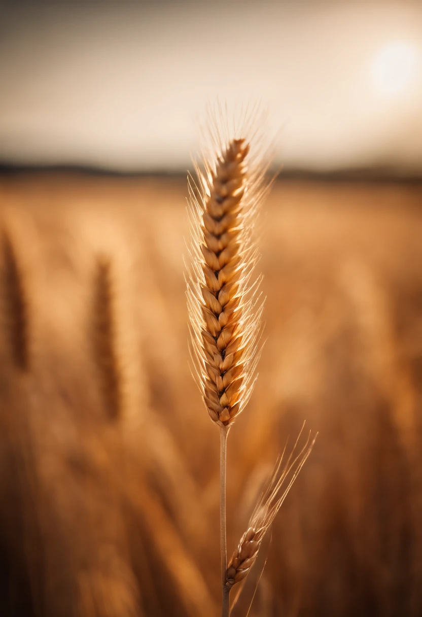 a close-up shot of a single wheat stalk, highlighting the intricate details of the seed head, the texture of the husk, and the warm tones of the grain