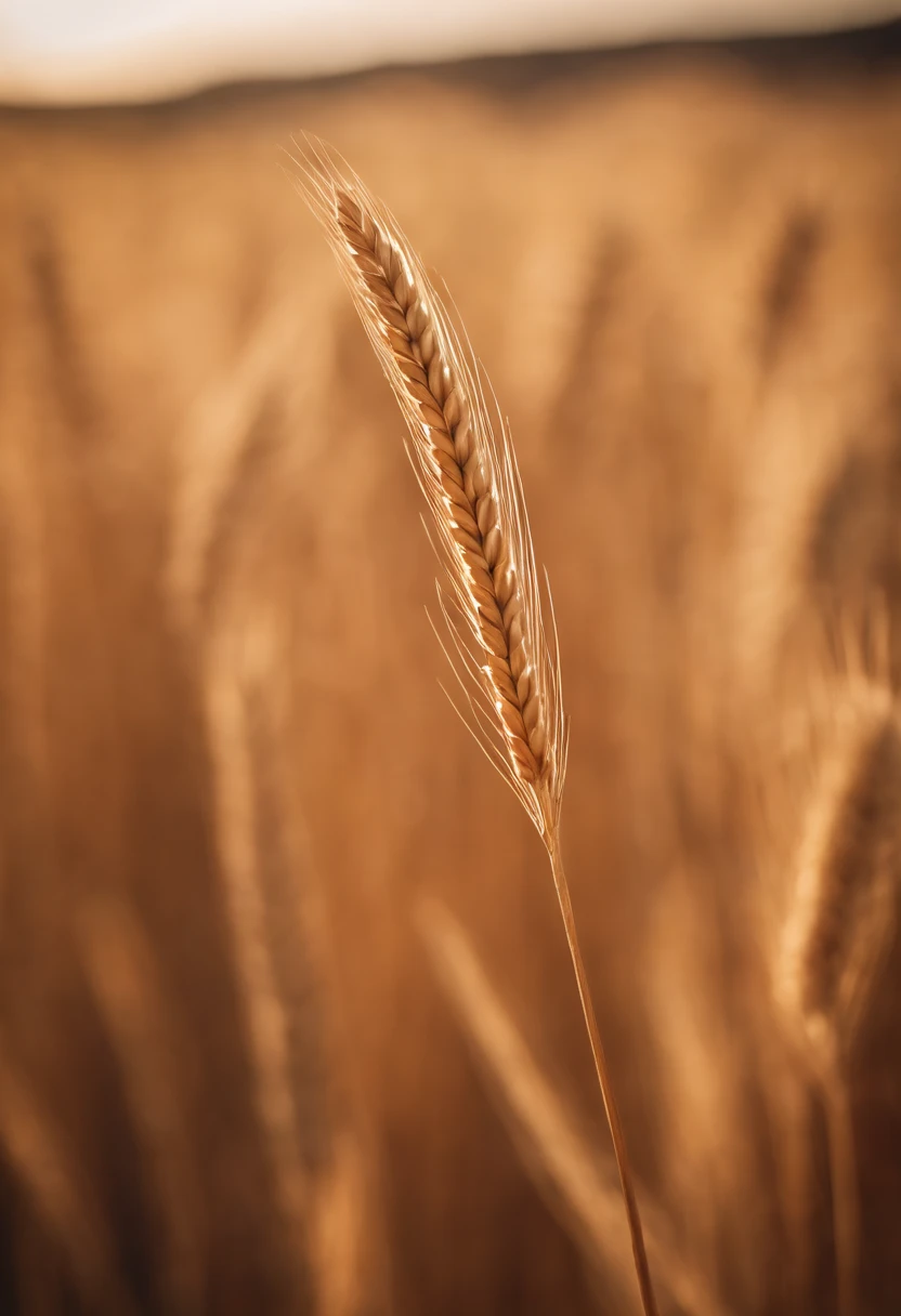 a close-up shot of a single wheat stalk, highlighting the intricate details of the seed head, the texture of the husk, and the warm tones of the grain