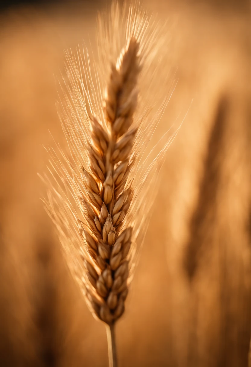 a close-up shot of a single wheat stalk, highlighting the intricate details of the seed head, the texture of the husk, and the warm tones of the grain