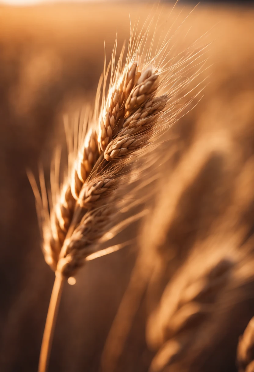 a close-up shot of a single wheat stalk, highlighting the intricate details of the seed head, the texture of the husk, and the warm tones of the grain
