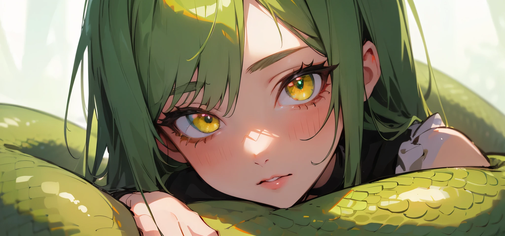 (best quality,8k,highres,masterpiece:1.2),ultra-detailed,physically-based rendering,professional,vivid colors,sharp focus,long green snake hair,yellow eyes,wearing maid outfit,beautiful detailed eyes,beautiful detailed lips,extremely detailed eyes and face,longeyelashes,1girl,looking at viewer