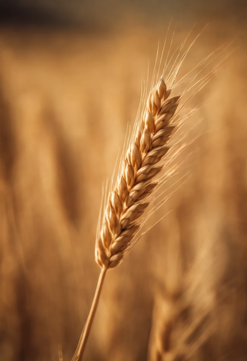 a close-up shot of a single wheat stalk, highlighting the intricate details of the seed head, the texture of the husk, and the warm tones of the grain