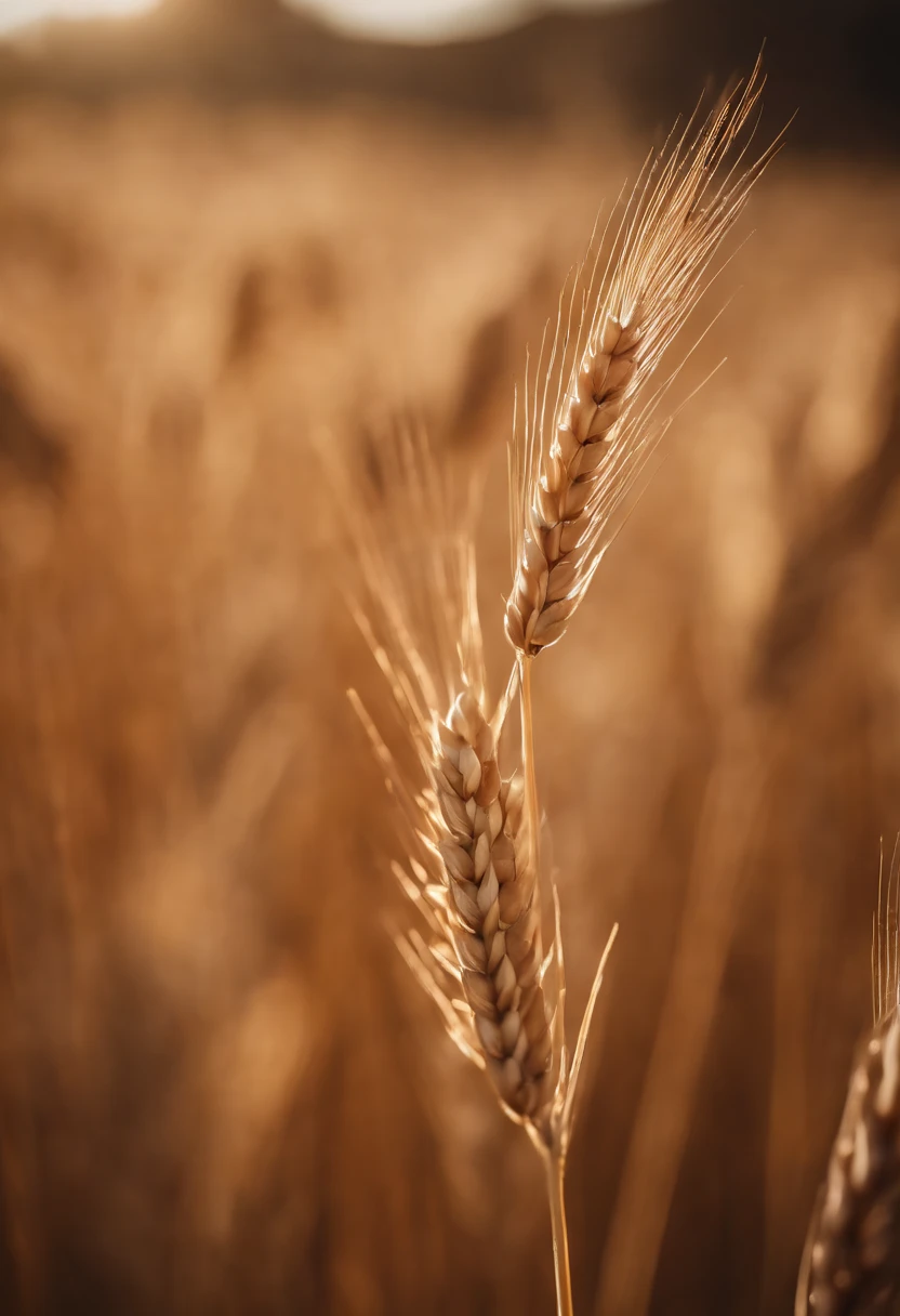 a close-up shot of a single wheat stalk, highlighting the intricate details of the seed head, the texture of the husk, and the warm tones of the grain