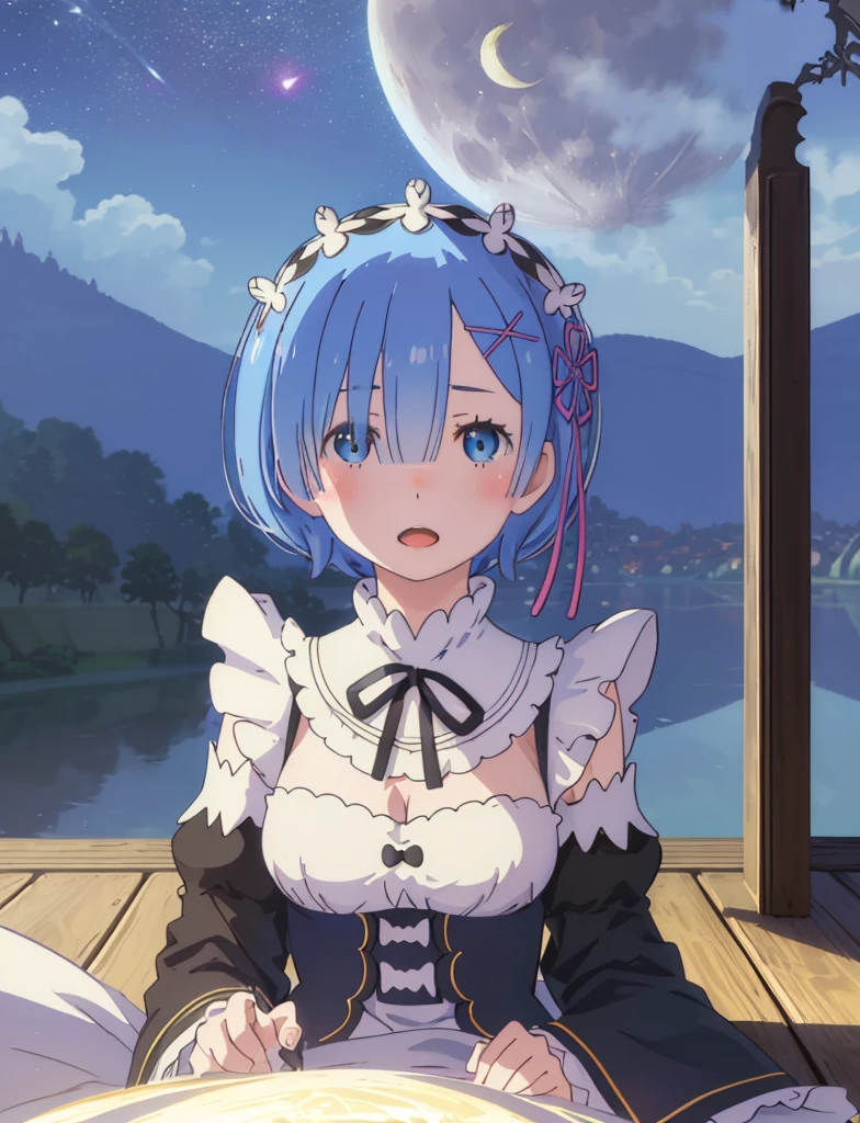 best quality, masterpiece, phRem, 1girl, blue hair, solo, maid, roswaal mansion maid uniform, looking at viewer, outdoors, open mouth, anime coloring, maid headdress, upper body, cloud, sky, parody, day, black ribbon, detached sleeves, blush, highres, highest quallity, illustration, cinematic light, ultra detailed, detailed face, (detailed eyeest quality, hyper detailed, masterpiece, (detailed face), highest details, luminous eyes, medium breats, sitting in bed, sitting, bed, window, night sky, lake outside, moon, full moon, backlighting, light rays, (high contrast), (colorful),
