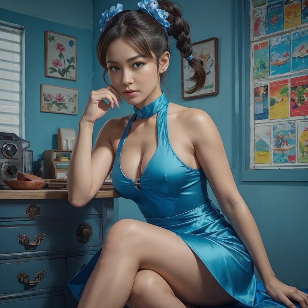 Chun Li, "rosto delicado, olhos verdes bem claros, bochechas rosadas, blonde hair, vestido floral, campo ensolarado, oil painting, ultra-detalhado, vivid colors, soft lighting, fotorrealista", cabelo com pontas vermelhas
