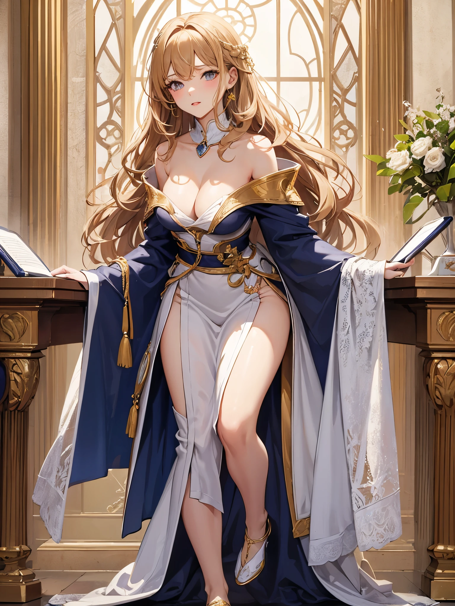 Best Quality,in 8K,hight resolution,((masutepiece:1.2)),Ultra-detailed,Vibrant colors,Beautiful detailed eyes,独奏,One lady,Very beautiful and seductive 19 year old woman,Full body like,Exquisite and sexy collarbone,charming oval face,Double eyelids,rosy lips,small nose,Beautiful shiny blonde hair,Medium long hair with loose waves,White clerical robes with golden decorations,Beautiful breasts,Sexy figure,which are full of confidence,Elegant