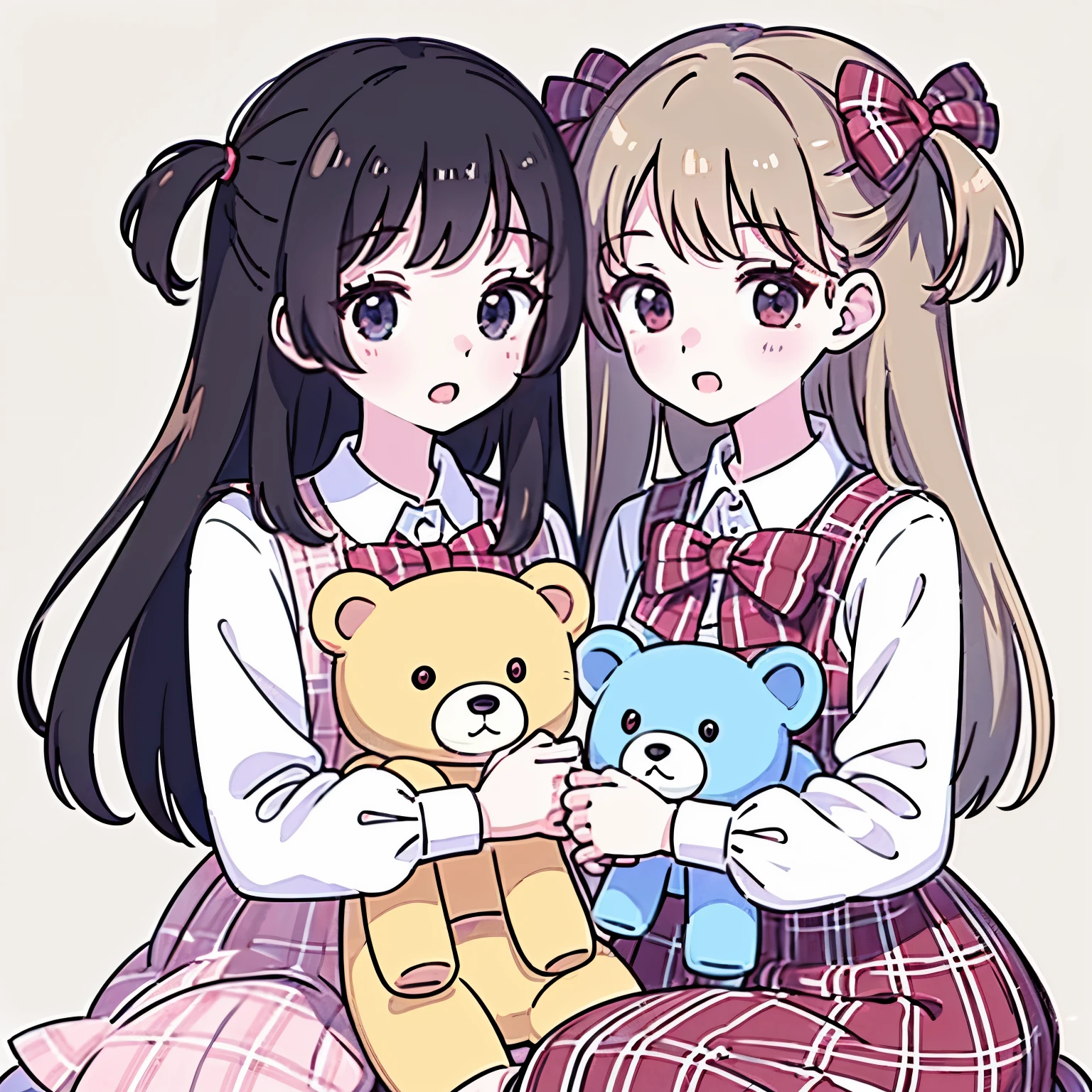 an anime-style illustration of two schoolgirls holding teddy bears. The girls should have long hair and wear white blouses with large bows and plaid skirts. The teddy bears should be light brown and look cute. The background should be a light pink color. Add the signature "kei to mo" at the bottom right corner of the illustration.