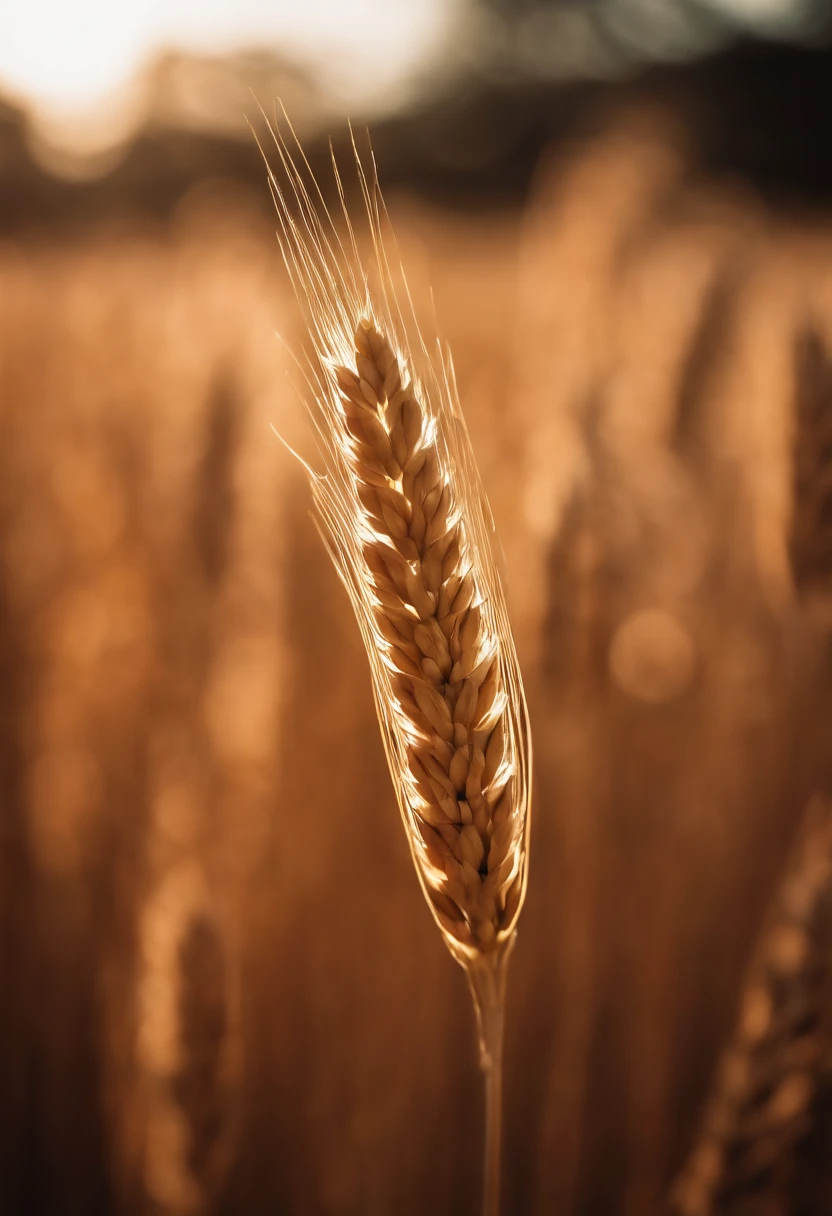 a close-up shot of a single wheat stalk, highlighting the intricate details of the seed head, the texture of the husk, and the warm tones of the grain