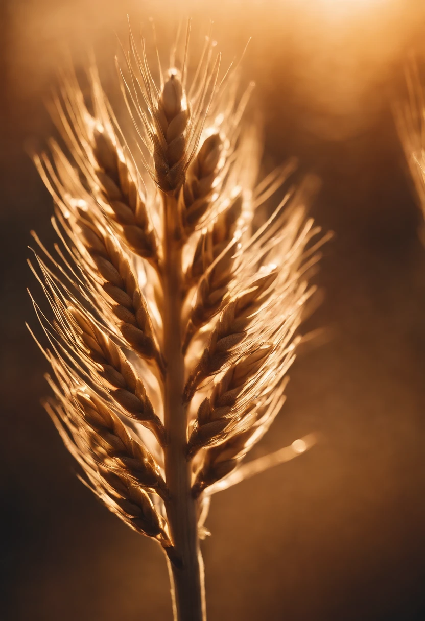 a close-up shot of a single wheat stalk, highlighting the intricate details of the seed head, the texture of the husk, and the warm tones of the grain