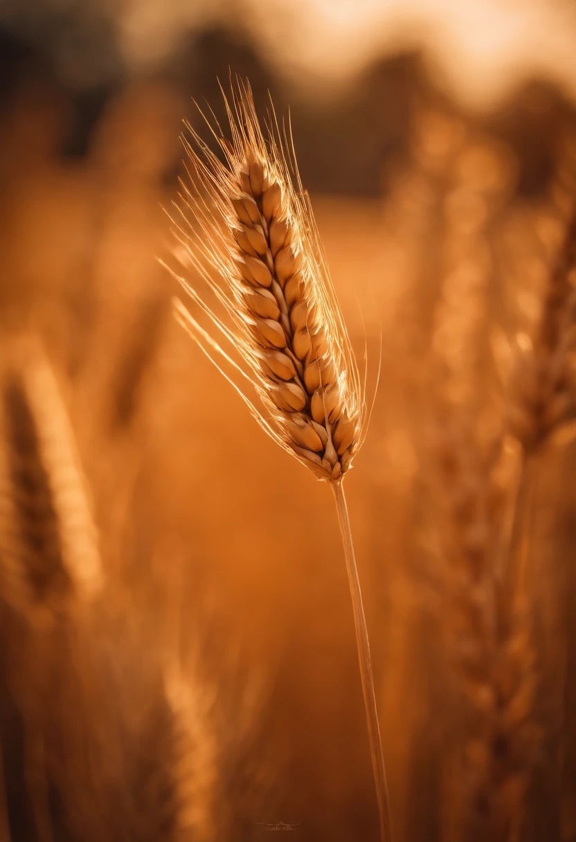 a close-up shot of a single wheat stalk, highlighting the intricate details of the seed head, the texture of the husk, and the warm tones of the grain