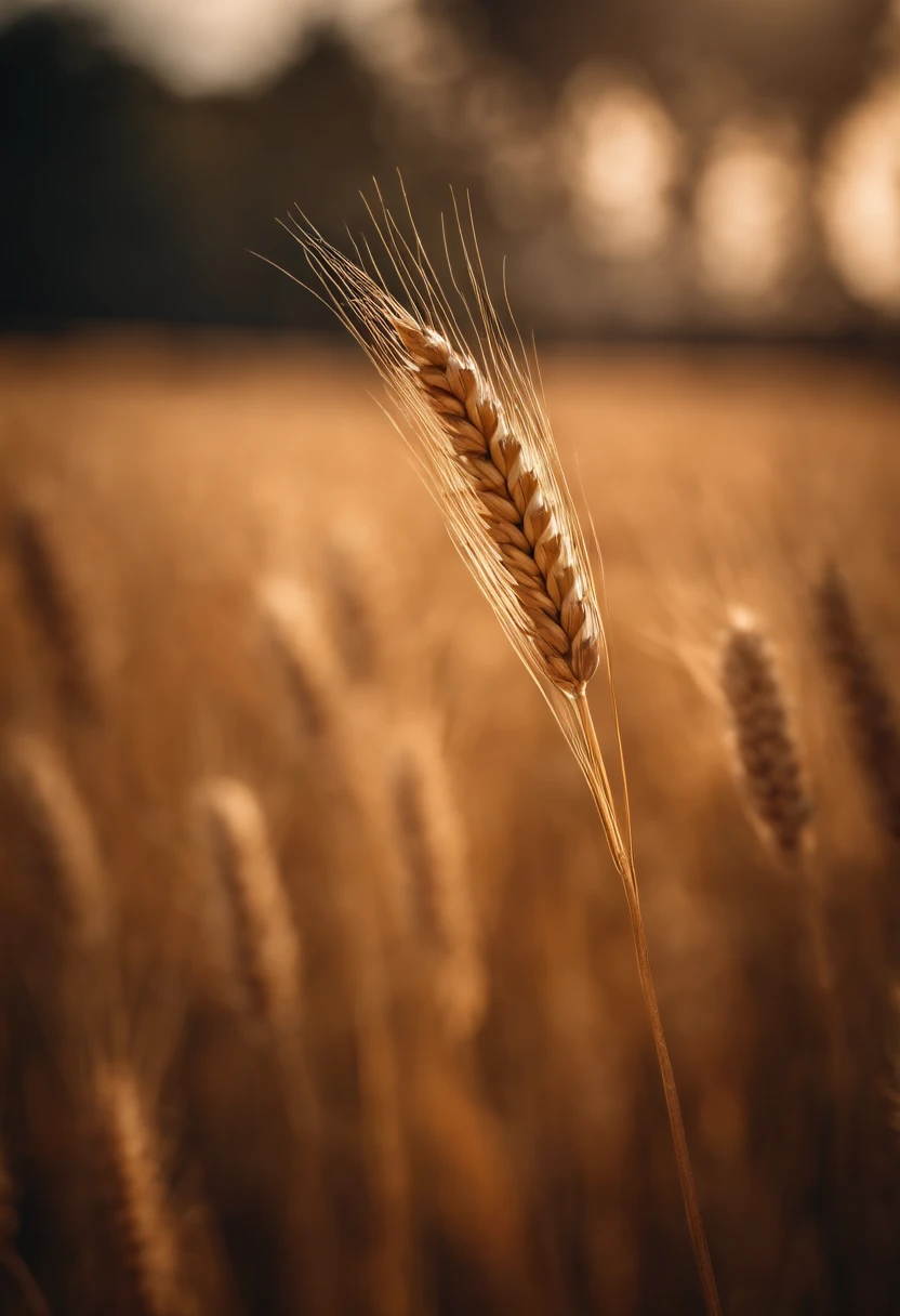 a close-up shot of a single wheat stalk, highlighting the intricate details of the seed head, the texture of the husk, and the warm tones of the grain