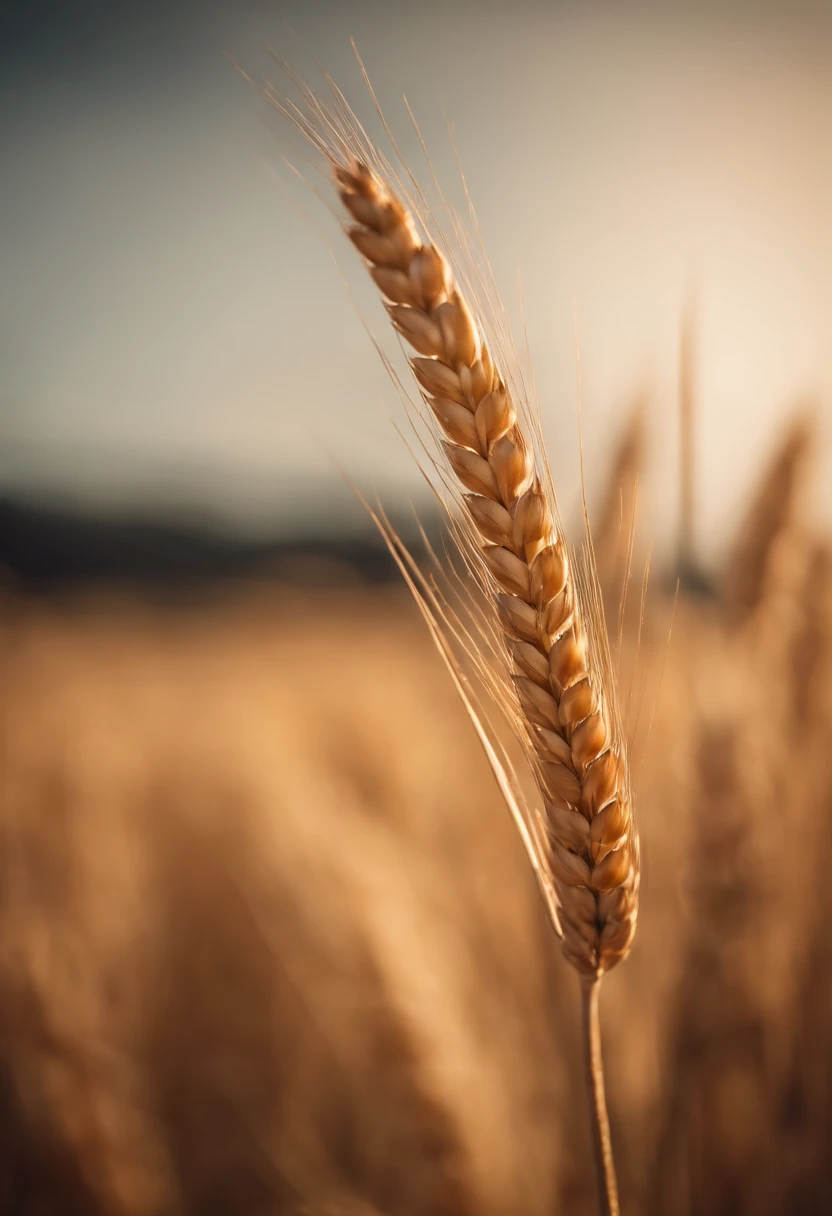 a close-up shot of a single wheat stalk, highlighting the intricate details of the seed head, the texture of the husk, and the warm tones of the grain