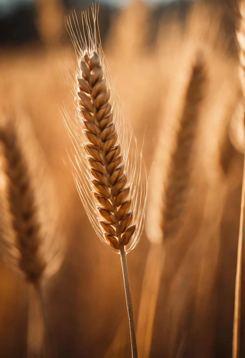 a close-up shot of a single wheat stalk, highlighting the intricate details of the seed head, the texture of the husk, and the warm tones of the grain