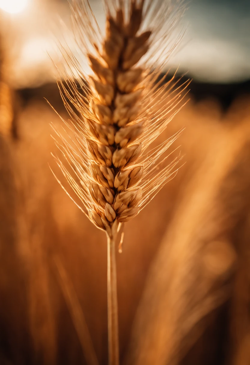 a close-up shot of a single wheat stalk, highlighting the intricate details of the seed head, the texture of the husk, and the warm tones of the grain