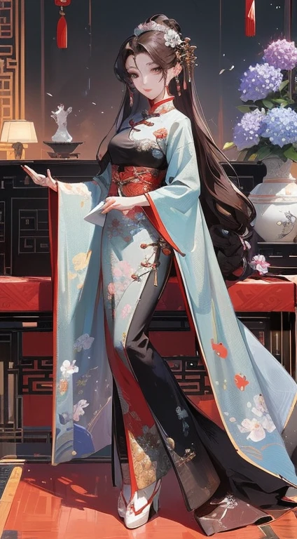 Masterpiece, Superb Product, Night, Full Moon, 1 Woman, Mature Woman, Chinese Style, Antique Chinese, Sister, Royal Sister, Smile, Brunette Hair, Updo, Red Lips, Calm, Intellectual, Hairpin, Hair Flower, Detailed Facial Details, Detailed Eyes, Full Body, Gray Eyes, Long Hair, Hydrangeas
