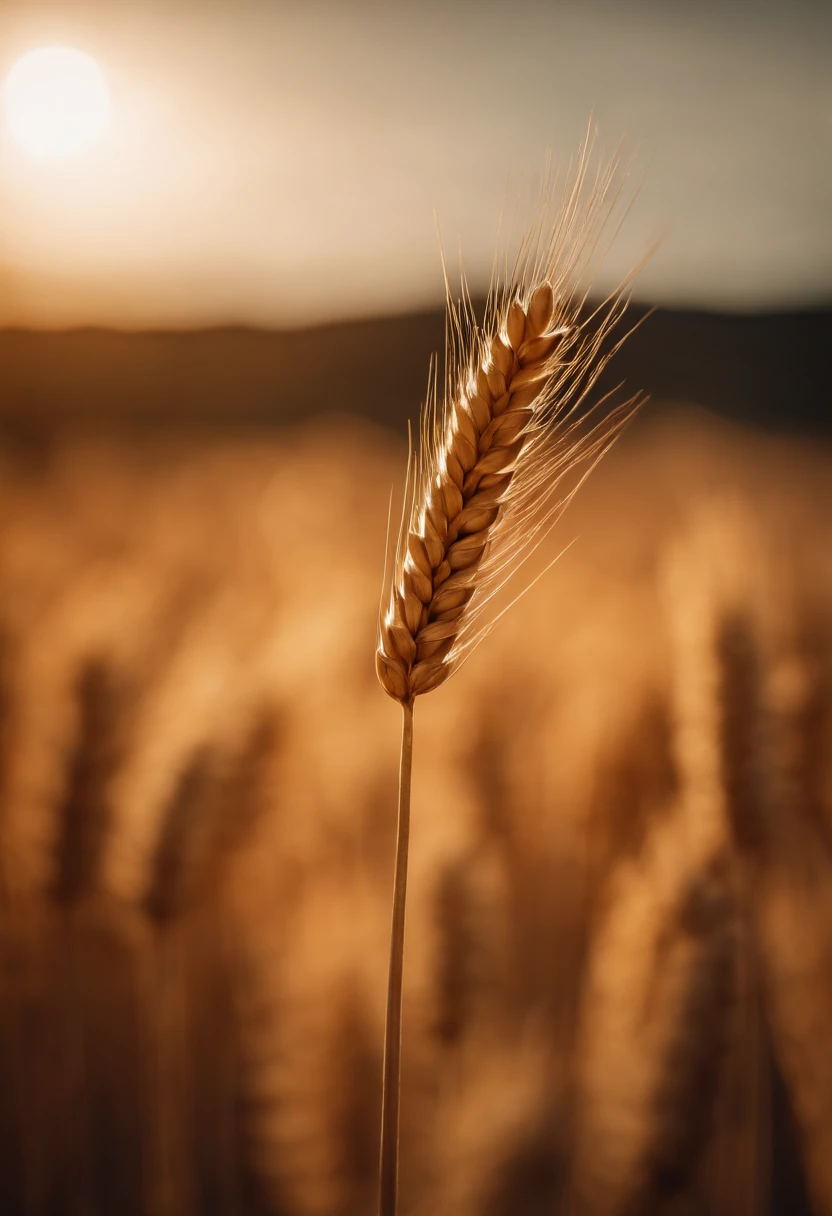 a close-up shot of a single wheat stalk, highlighting the intricate details of the seed head, the texture of the husk, and the warm tones of the grain