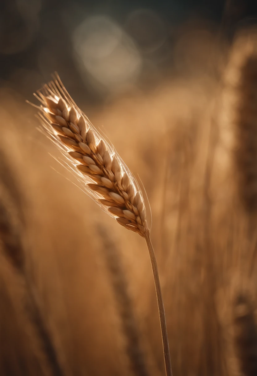 a close-up shot of a single wheat stalk, highlighting the intricate details of the seed head, the texture of the husk, and the warm tones of the grain