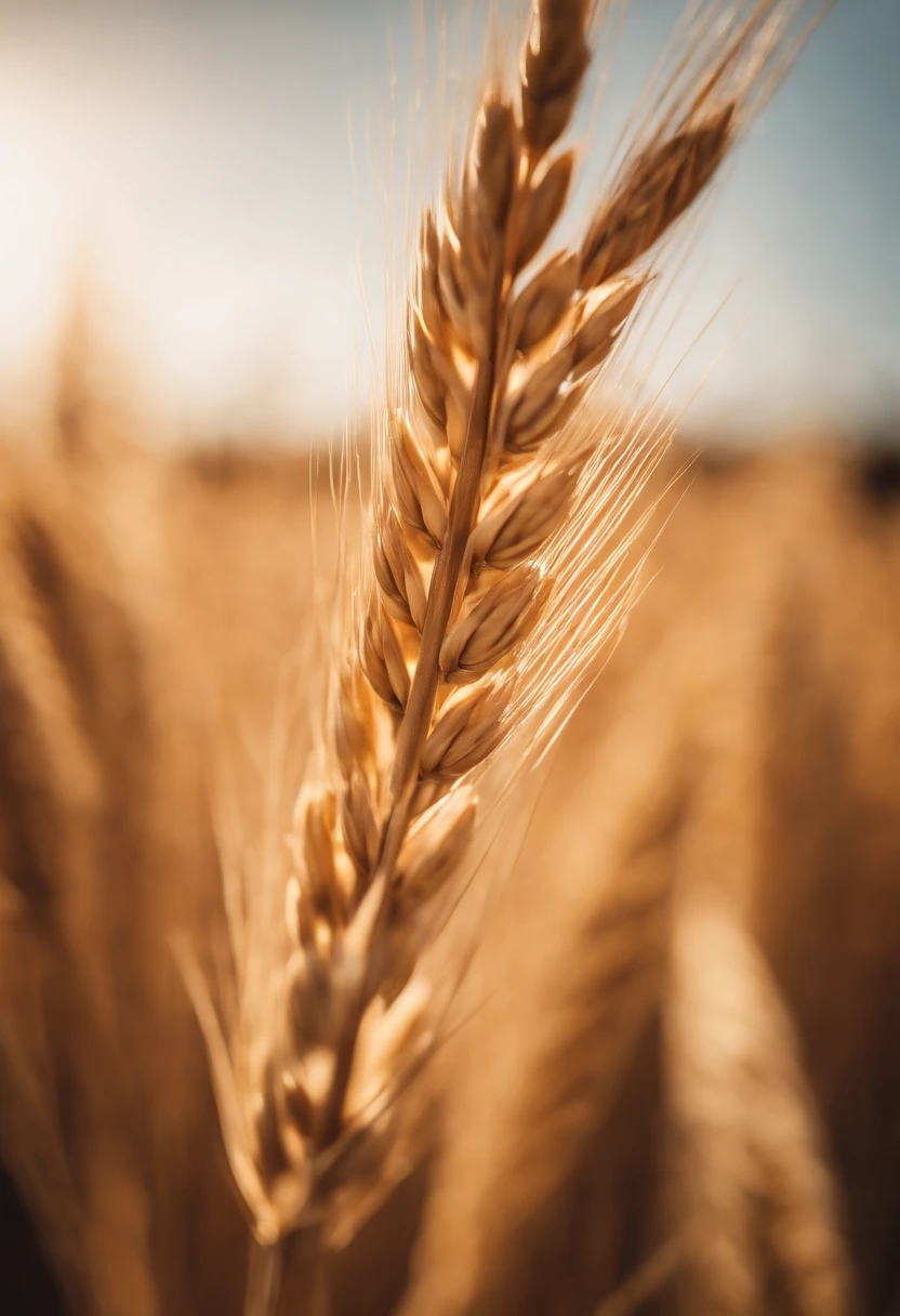 a close-up shot of a single wheat stalk, highlighting the intricate details of the seed head, the texture of the husk, and the warm tones of the grain