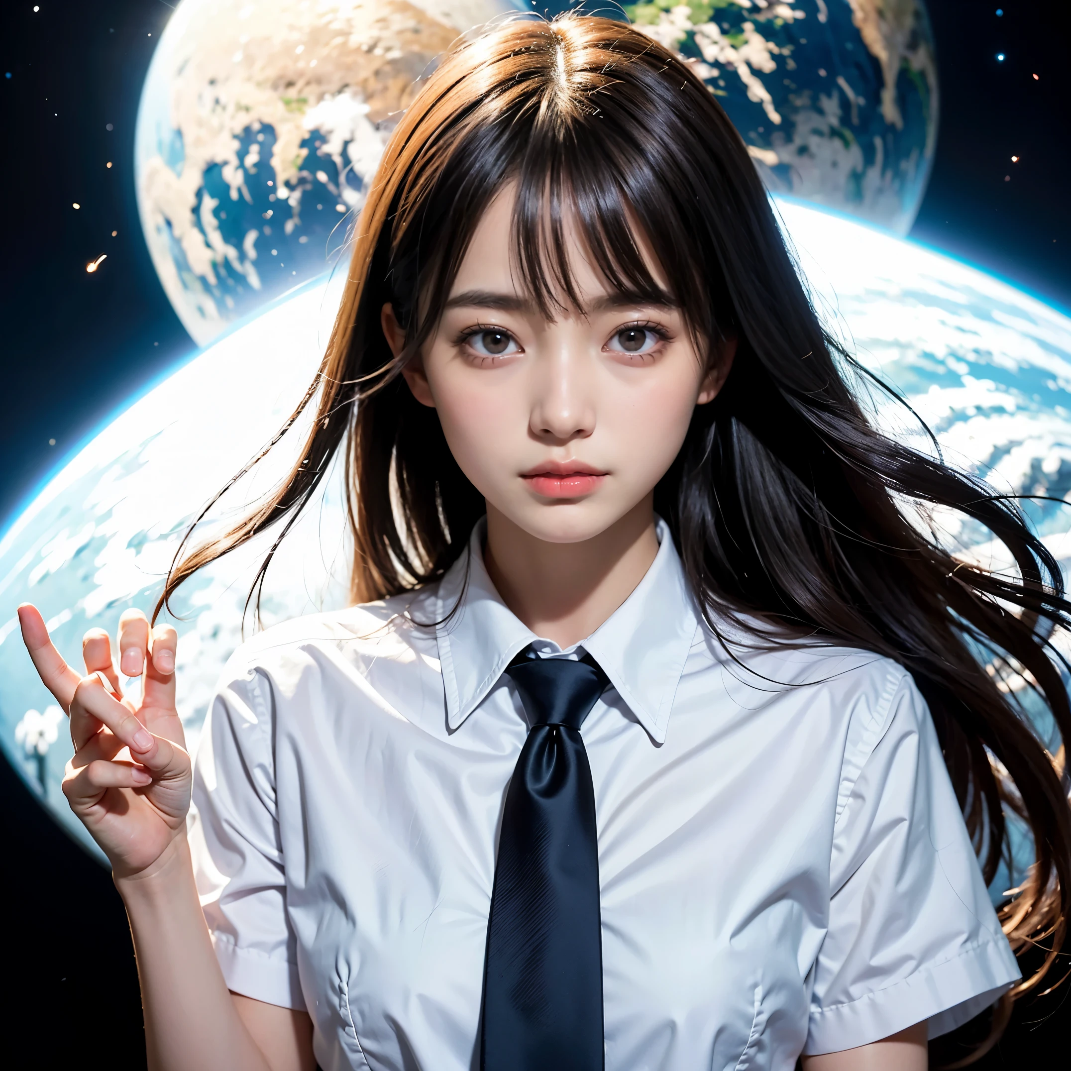 (masutepiece, Best Quality:1.2), 8K, Official art, Surprised expression、chest、kawaii、put one's hand over one's mouth、Wearing a suit、Gesture of removing tie、chestが見える、Rough image of a girl in uniform holding a globe, official artwork, portrait anime space cadet girl, with earth, girl in space, Space High School, Space Girl, planetes, Trending on CGSTATION, 太陽系外planetes, Official art, Mar Planet, beautiful anime high school girl, sakimichan, planetesの隣に浮かぶ, in intergalactic japan、Five Fingers Photos&#39;Body of, full body Esbian、Suit Beauty、Big Dipper in the background、star explosion、A dark-hairedの美しい裸足の女性, hold a flame in your right hand、tie a tie with your right hand、Turn your face up、looking-down、cool expression、明るい溶岩の光が小planetes帯の下から壊れた地球の上に昇る(Jagged rock rocks and fragments shot into the air:1.3) (Storm of windy dust debris:1.1) Volume fogmist by trace Z、It can allow bright light from below to pass through、 (​masterpiece) (top-quality) (detaileds) (8K) (电影灯光) (foco nítido) (Convoluted)A dark-haired、14years、small tits、A delightful、A smile、unbelievable Ridiculous, (a beauty girl, Pretty Face, arching back down, Gold hair ornament on hair、wearing a suits、close up, Wearing a suit, Short sleeve, gardenia, violaceaess, spaces , Looking at Viewer, Film grain, chromatic abberation, オッパイfoco nítido, face lights, Dynamic lighting, Cinematic lighting, detailedsな目と顔, (Gray tie、1 copy:1.2)