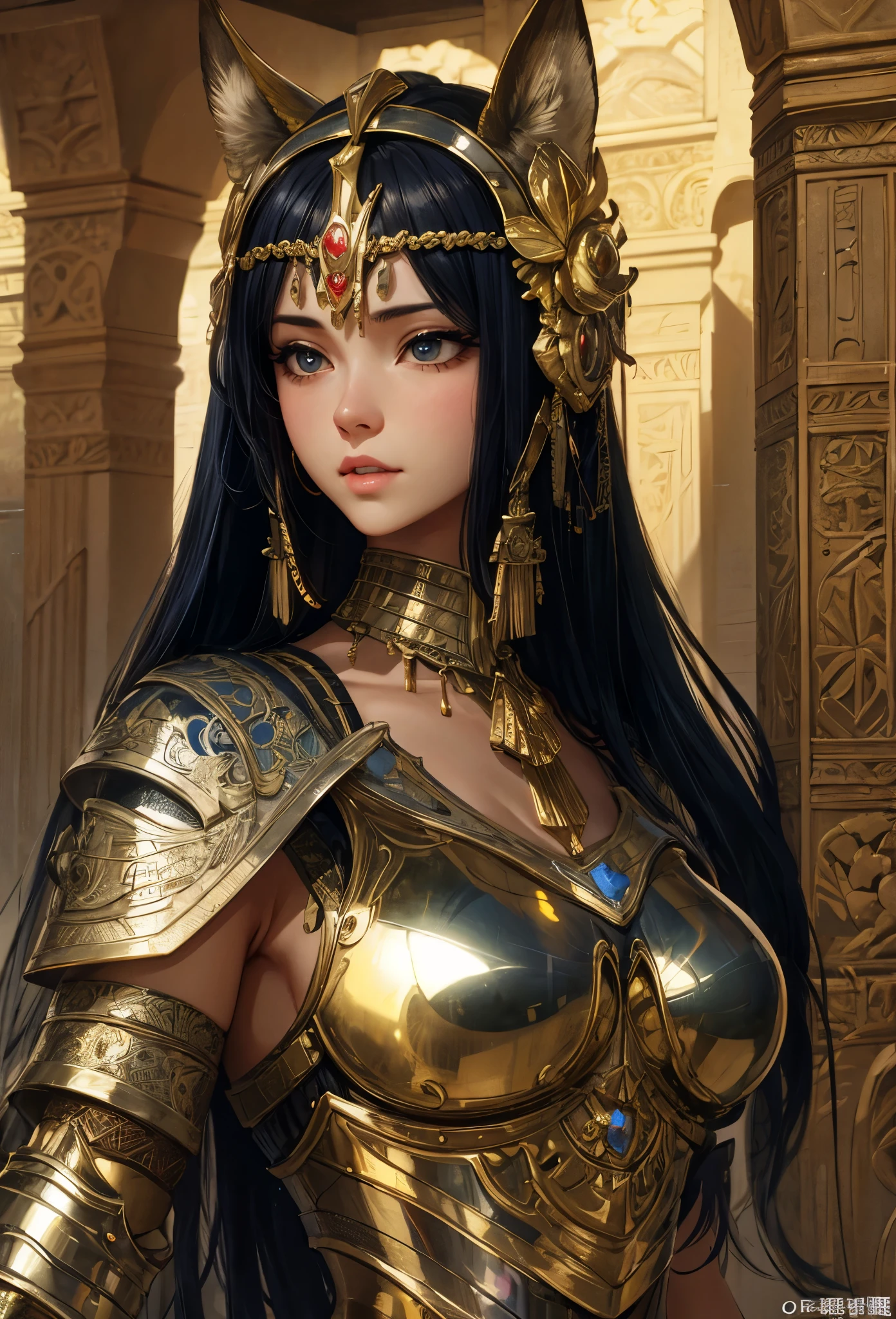 (Detailed illustrations,Very detailed and detailed drawing,Delicate lines with slow and rapid,Realistic texture expression),[Color tressed main line],[ruins background [Ancient Egypt]],HENTAI (ANIME Girl (Beautiful fece) sixteen years old) cyborgs [(skin tanned) [Lustrous black hair]],((Bastet) Beautifully decorated golden cyber armor) ([Complex decorative processing] [elegent],Gorgeous golden luster (Polished reflective luster)) [Gorgeous and luxurious],gravure,[Oparts Lost Technology [Hierograph]],(複雑でBeautiful fece装飾 [Dense detail]),(きめ細やかでBeautiful fece肌表現 [Transparency]),[完璧な目のdetaileds (Iris beautifully drawn in every detail)[Jewel-like eyes]],[長くてBeautiful fece睫毛],[Meticulously drawn hair [美しく艷やかな髪のdetaileds]],(完璧な手のdetaileds [破綻のないBeautiful fece指 [Beautiful nails]]),(Perfect Anatomy(Perfectly proportioned))[[Full body like]],[[Design built to the highest level]][Ideal color coordination(Accurate simulation of light-material interactions)],([Precision Detail](detaileds,high-detail)),[Visual art that conveys a sense of narrative].