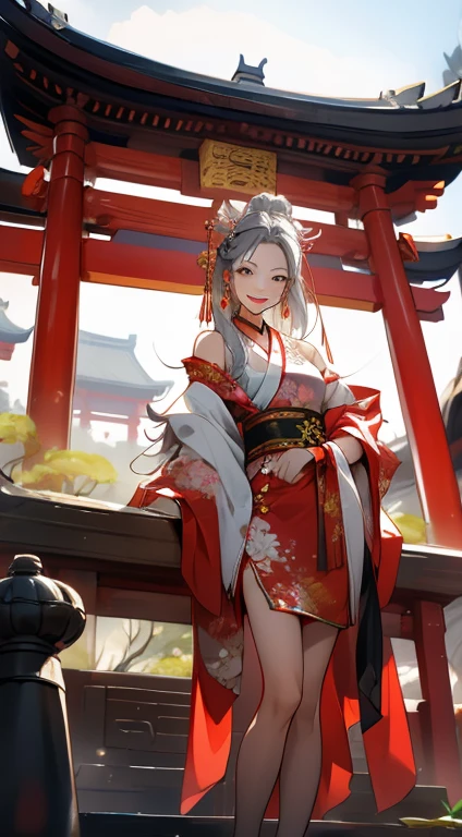 highest quality, masterpiece, High resolution, 1 girl, ancient Chinese pink dress, beautiful face, ancient chinese costume, Bowknot without original picture, elegant, Noble, crown, thin legs, goblin, hair accessory, alone, looking at the viewer, smile, shut up, lips, dress, hair accessory, necklace, jewelry, long hair, earrings, architecture, east asian architecture