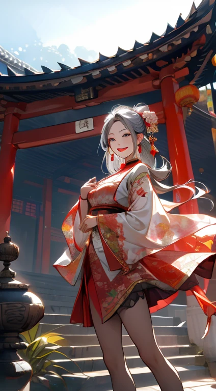 Best Quality, tmasterpiece, hight resolution, 1 girl, ancient Chinese pink skirt by the, Nice face, ancient Chinese costume, No bow tie original drawing, Elegant, noble, diadems, lean legs, Leprechaun, hair adornments, Alone, looking at viewert, Smiling, Shut up, Open lips, skirt by the,high-heels， hair adornments, choker necklace, jewely, Long gray hair, 耳Nipple Ring, architecture, east asian architecture
