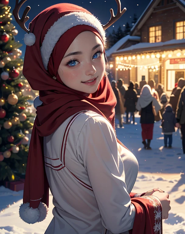 (masterpiece:1.2, top-quality), (realistic, photorealistic:1.4), beautiful dark girl illustration, looking at viewer, cowboy shot, front view:0.8,
1 girl,korea-russian girl, beautiful face, beautiful detailed eyes, (wearing hijab:1.2,silk clothes), blue eyes,
beautiful body, perfect body athletic,covered & wrapped body, beautiful fingers, (firm thighs, large valley beautiful scenery), christmas night, outdoors, (christmas tree:1.3),
((wearing reindeer top, muscle girl, reindeer head band, Sharp face,sharp eyes
Cristmass
perfect face, cute and symmetrical face, natural side lighting, movie lighting), depth of fields, (joyful, smiling,open eyes,glad eyes,glad face)