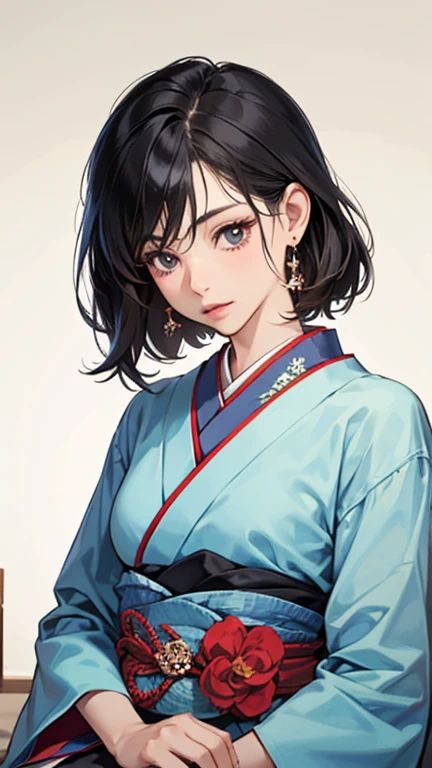 (masutepiece, of the highest quality, Best Quality, offcial art, Beautiful Indulgence: 1.2), (Japanese dress), Put your arms back, (Upper body only), (1 girl: 1.3), Japan  Woman, Very detailed, Colorful, Best Detail ((super detailed)), (Very detailed 2DCG illustration), (((Very delicate and beautiful)) (Seated), deadpan, Black hair, Kanzashi, earrings