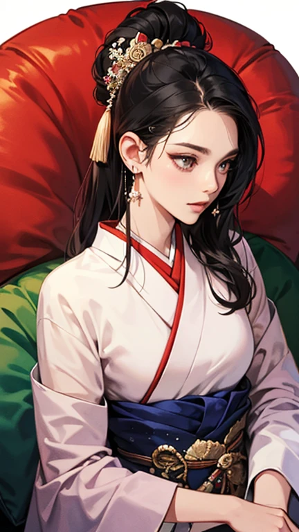 (masutepiece, of the highest quality, Best Quality, offcial art, Beautiful Indulgence: 1.2), (Japanese dress), Put your arms back, (Upper body only), (1 girl: 1.3), Japan  Woman, Very detailed, Colorful, Best Detail ((super detailed)), (Very detailed 2DCG illustration), (((Very delicate and beautiful)) (Seated), deadpan, Black hair, Kanzashi, earrings