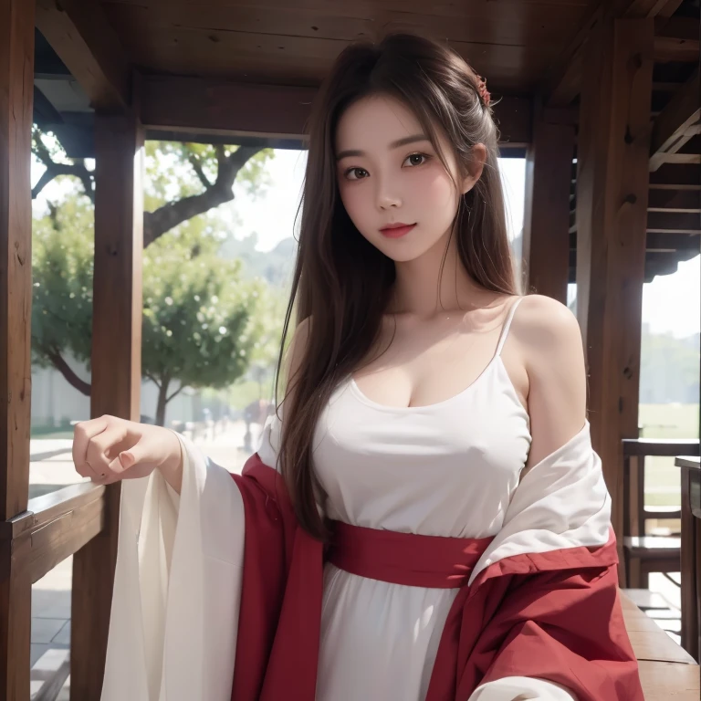 supernatural fiction，Oriental ghost girl，，antique red elements，The skin is as white as snow，Long black hair that reaches the waist，lusty  smile，Willow waist，Ancient Chinese background