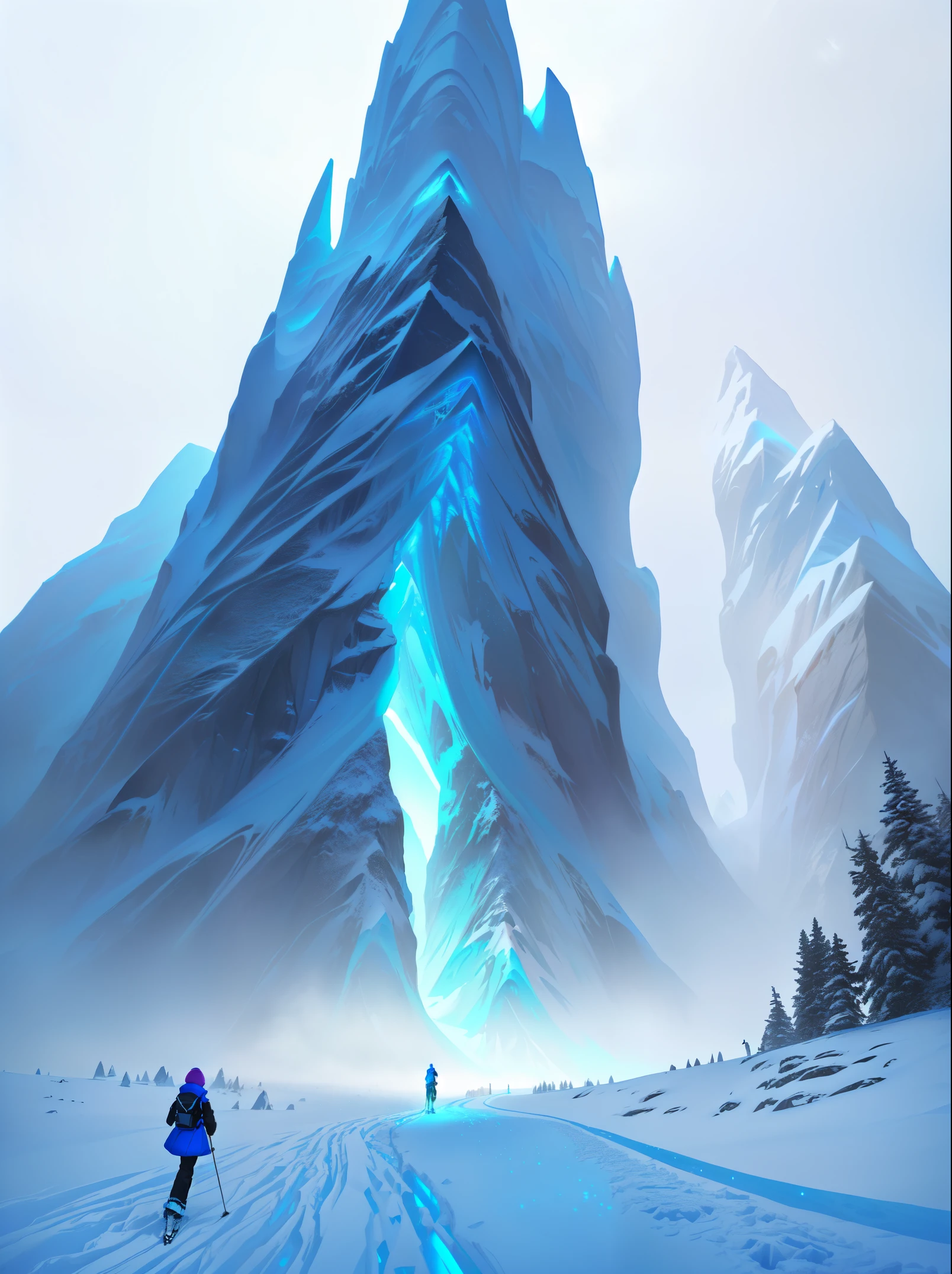 Girl skiers are walking through the snow in front of a mountain, inspired by Christopher Balaskas, jen bartel, in the snow mountains, stunning digital illustration, snowy mountain landscape, low detailed. digital painting, winter concept art, rossdraws global illumination, by Christopher Balaskas, highly detailed digital painting, beautiful digital artwork, jessica rossier color scheme