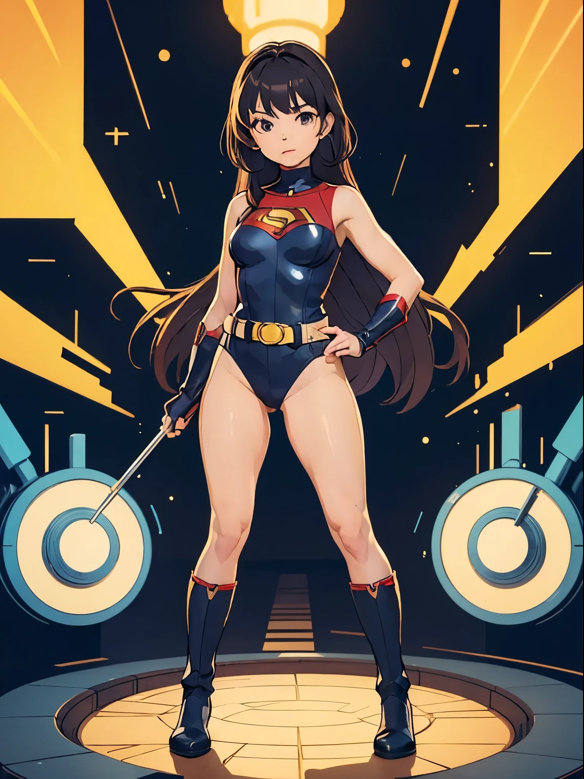 masterpiece, best quality, 1girl, solo, single, superhero, leotard, bare legs, boots, standing straight, time warp, spinning