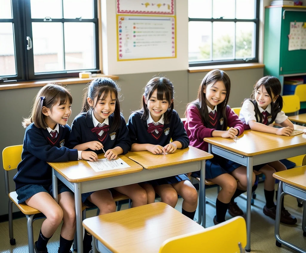 Japan，In elementary school classrooms，real natural light，Three elementary school girls，Playing in the classroom，ssmile，Happy and lively play，