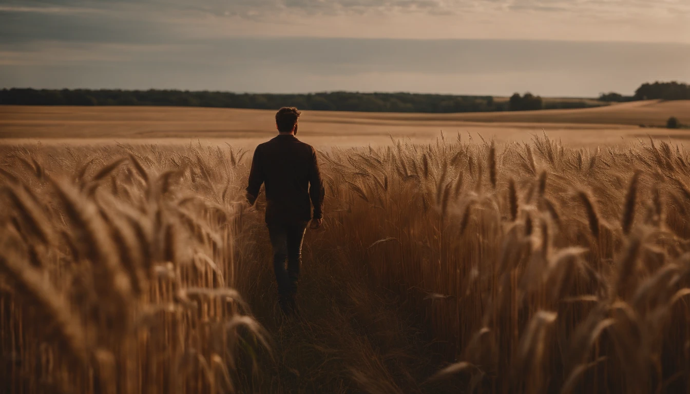 a lifestyle shot of a person walking through a wheat field, surrounded by the tall stalks, capturing the sense of being immersed in the beauty of nature