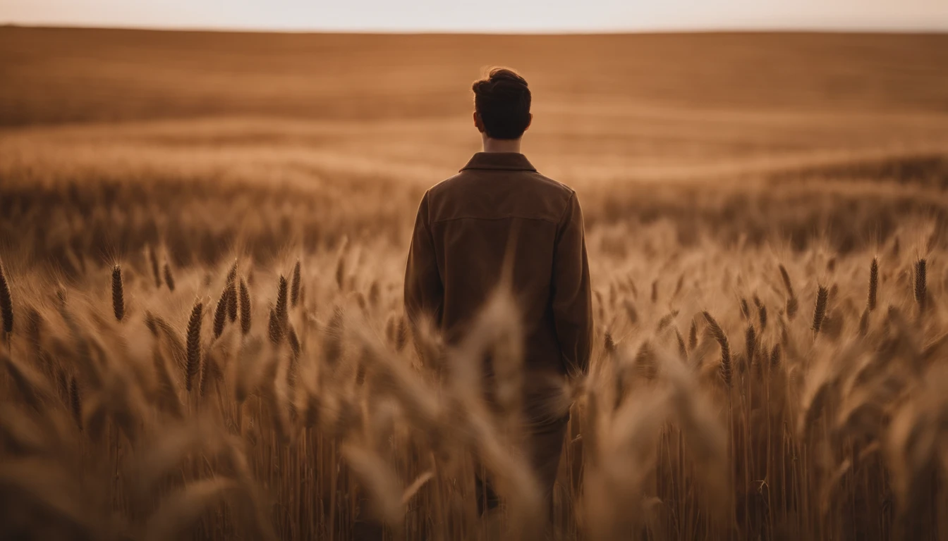 a lifestyle shot of a person walking through a wheat field, surrounded by the tall stalks, capturing the sense of being immersed in the beauty of nature