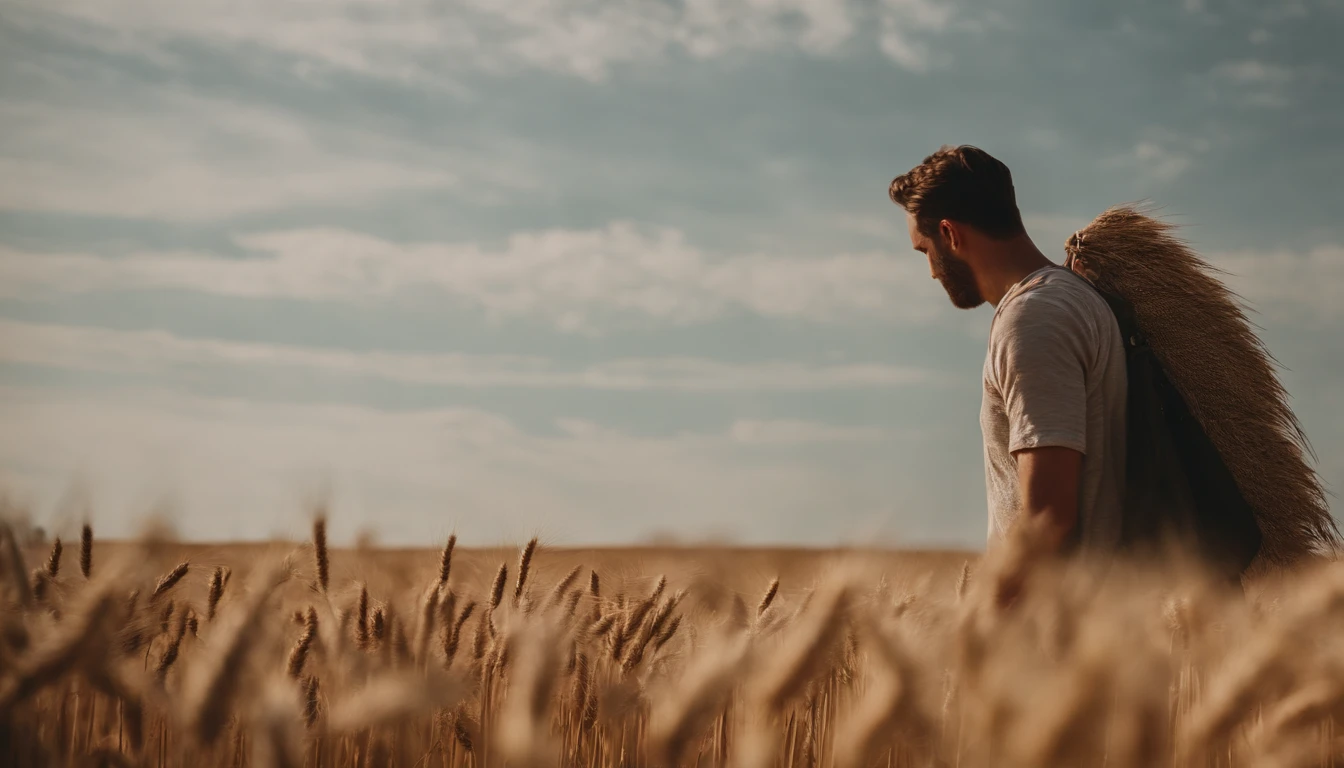 a lifestyle shot of a person walking through a wheat field, surrounded by the tall stalks, capturing the sense of being immersed in the beauty of nature